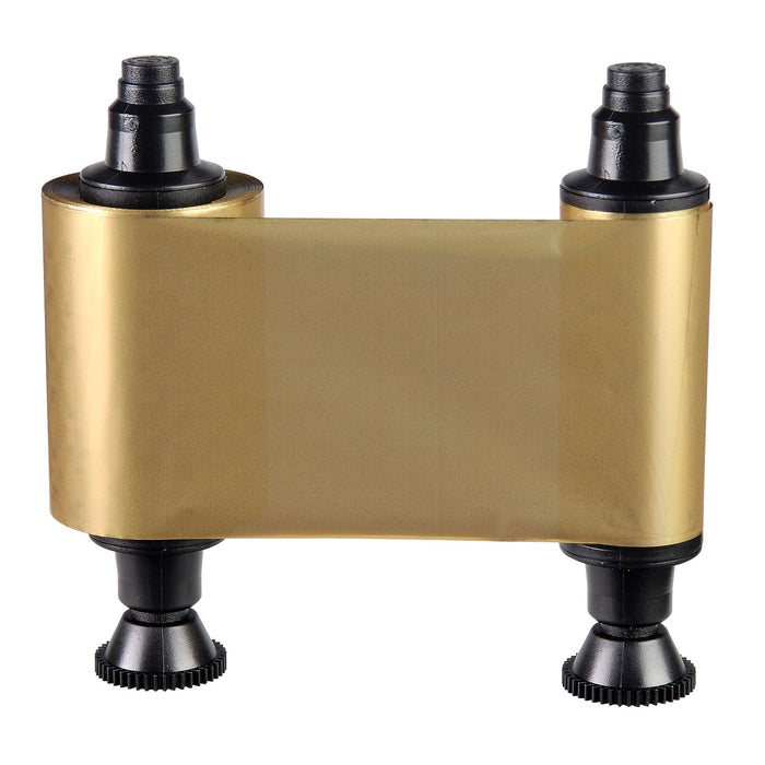 A close-up of a gold thermal transfer ribbon on a black plastic spool, ideal for metallic gold printing with thermal label printers. This Evolis R2016 Gold Monochrome Ribbon - 1000 Prints is perfect for creating high-quality ID cards.