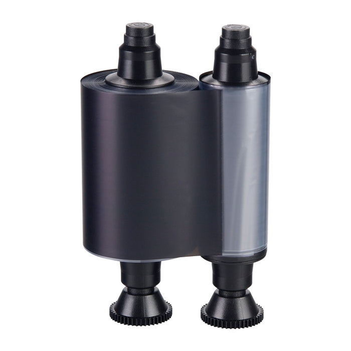 The Evolis R3012 HighTrust KO Black Ribbon for Quantum 2 and Securion printers contains separate black and clear ribbon rolls on plastic spools, providing up to 500 prints per cartridge.