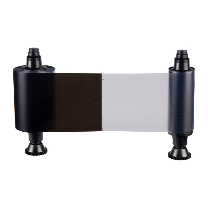 The Evolis R3012 HighTrust KO Black Ribbon, for Quantum 2 and Securion printers, features black and clear sections on two black spools and yields up to 500 prints for card or label applications.