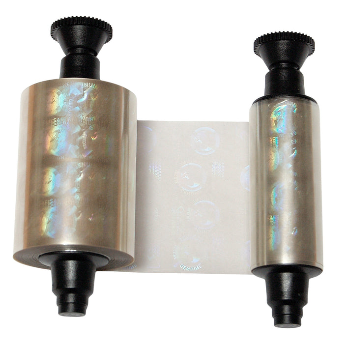 Two Evolis R4002 Optoseal Holographic Ribbons (350 Prints) with black end caps, partly unwound to show a holographic varnish overlay on transparent film. Compatible with Evolis R4002 and Quantum 2 printers.