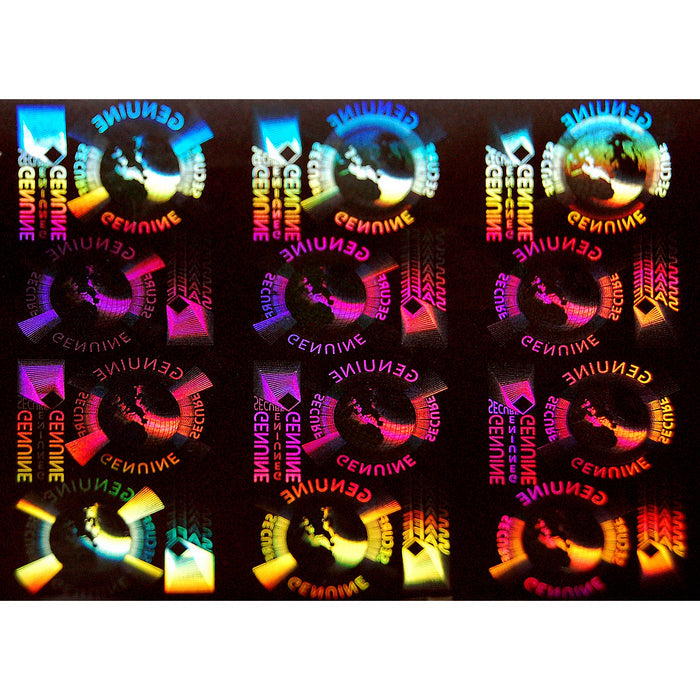 The Evolis R4002 Optoseal Holographic Ribbon creates "GENUINE" in vibrant, repeating circular patterns with a holographic finish, producing up to 350 prints on a black background.