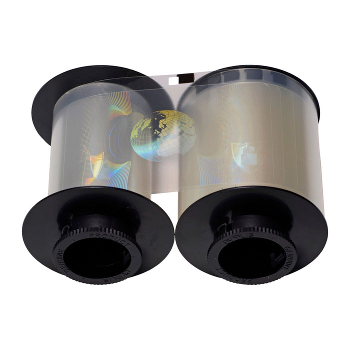 The Evolis R4251 HighTrust Full Hologram Patch Laminate for the Securion features a clear plastic film ribbon with holographic security images, wound between two black spools, and provides 200 prints.