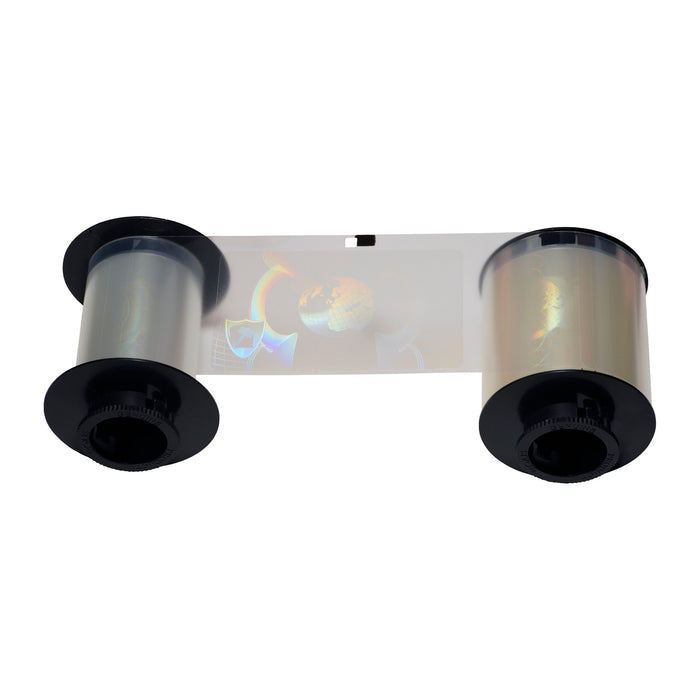 The Evolis R4251 HighTrust Full Hologram Patch Laminate for the Securion, 200 Prints, is shown wound between two black reels on a white background, featuring a globe design—ideal for use with the Securion ID card printer.