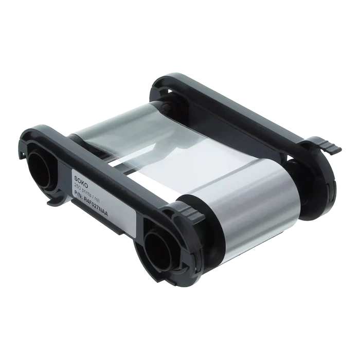 The Evolis R4F027NAA SO-KO Silver and Black Ribbon is a black and silver cartridge designed for ID card printers, ideal for dual-sided printing. The label indicates it supports 250 prints.