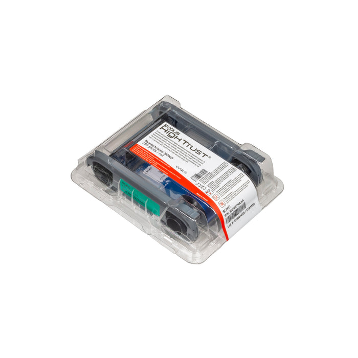 An Evolis R4F227NAAA HighTrust SO-KO Silver and Black Ribbon for the Primacy 2 ID Card Printer (250 prints), plastic-wrapped with labels and colored parts, shown on a white background.