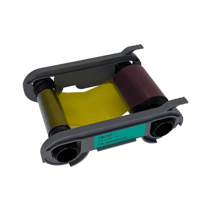 The Evolis R5F208A100 YMCKO ribbon delivers vibrant full-color prints with overlay protection and is designed for the Primacy 2 ID card printer. Yellow and magenta films are included in a gray plastic cartridge frame.