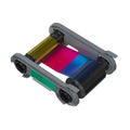 The Evolis R5H204A100 1/2 YMCKO Color Ribbon for Zenius 2 & Primacy 2, a card printer ribbon cartridge with visible yellow, magenta, cyan, and black film sections, is shown on a white background.