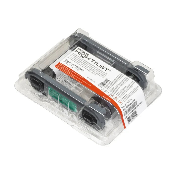 The Evolis R5H204A100 is a half-panel YMCKO color ribbon for Zenius 2 and Primacy 2 card printers, shown plastic-wrapped on a white background.