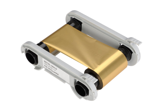 A roll of Evolis RCT016NAA Metallic Gold Monochrome Ribbon for ID card printers, held between two white plastic spools.