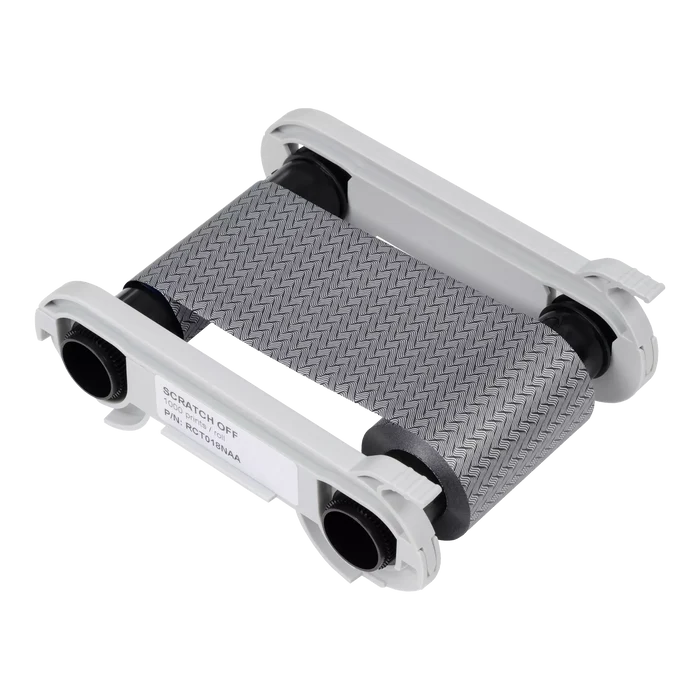 The Evolis RCT018NAA Scratch Off Monochrome Ribbon features a gray pattern transfer film on a roll with white plastic holders. It's perfect for secure card solutions and scratch-off tasks, ensuring seamless compatibility with Evolis printers.