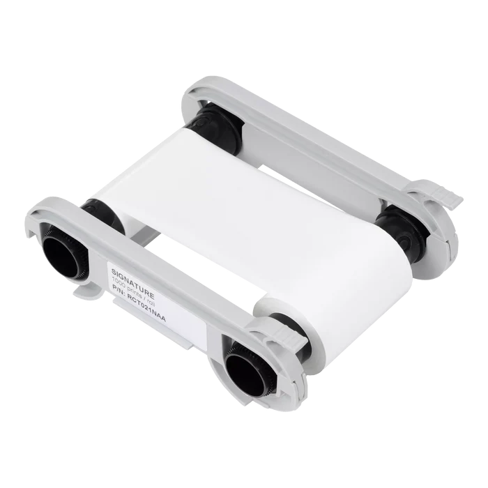 The Evolis RCT021NAA Signature Panel Ribbon, featuring gray spools, is designed for 1000 prints in Primacy, Elypso, and Zenius printers to create secure signable cards for personalized authentication.