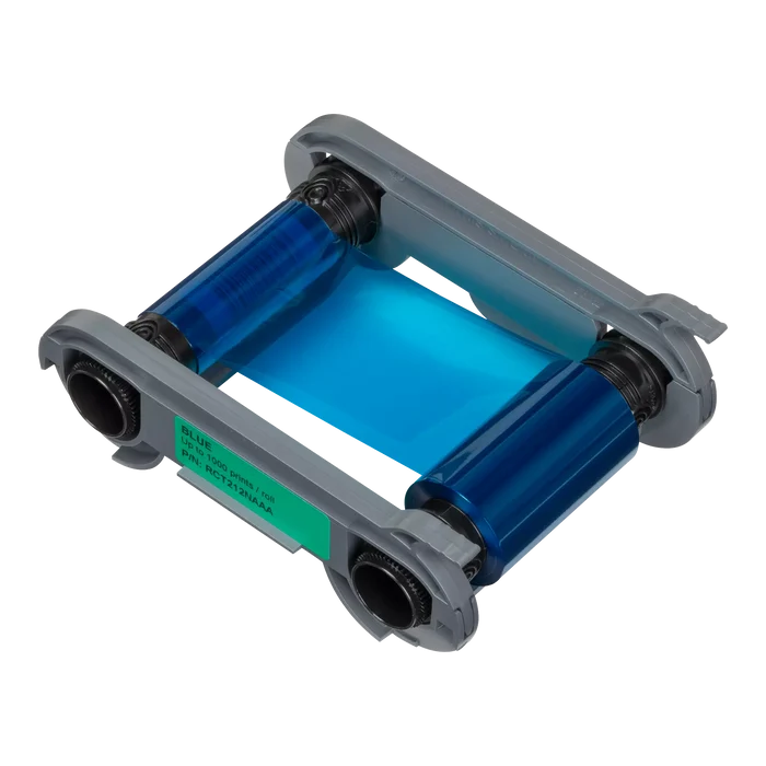 Front view of the Evolis RCT212NAAA blue monochrome ribbon showing cartridge and vibrant blue film. Sold by Specialist ID, an authorized Evolis dealer.