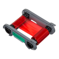 Angled view of Evolis RCT213NAAA red monochrome ribbon cartridge with visible red film and label showing part number and 1000-print yield. Sold by Specialist ID, an authorized Evolis dealer.