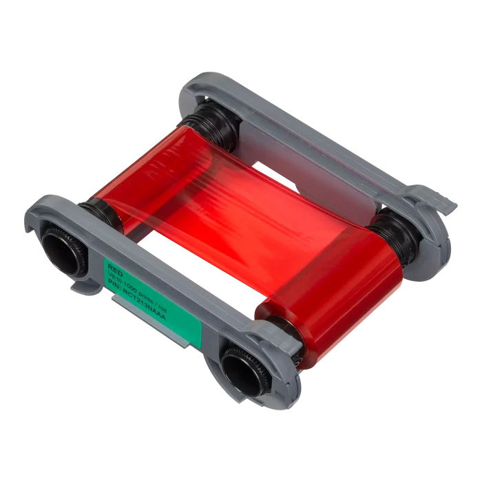 Angled view of Evolis RCT213NAAA red monochrome ribbon cartridge with visible red film and label showing part number and 1000-print yield. Sold by Specialist ID, an authorized Evolis dealer.