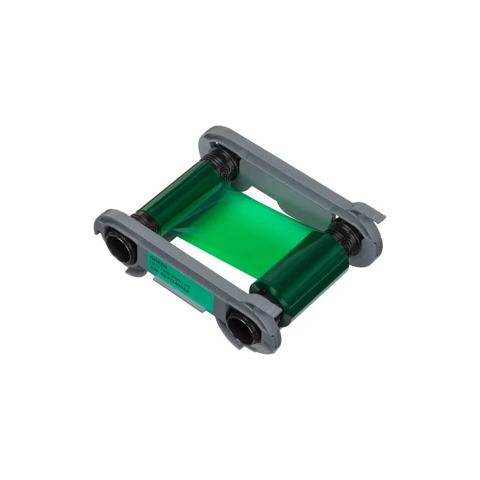 Top view of Evolis RCT214NAAA green monochrome ribbon showing green film, part number label, and cartridge frame. Sold by Specialist ID, an authorized Evolis dealer.