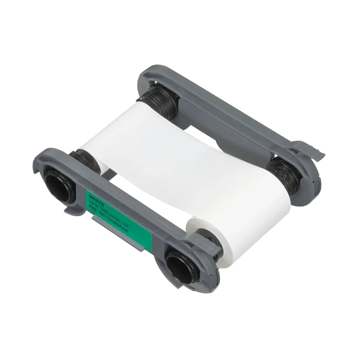 Angled view of Evolis RCT221NAAA White Signature Ribbon showing clean white coating and product label on ribbon frame. Photographed and sold by Specialist ID, an authorized Evolis dealer.