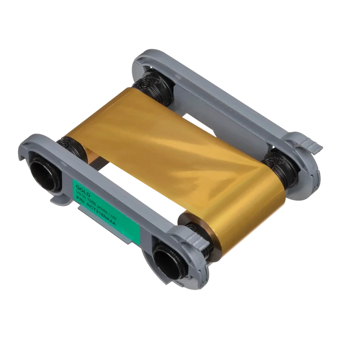 volis High Trust RCT216NAAA ribbon cartridge with metallic gold film and part label visible, shown on transparent background. Sold by Specialist ID, an authorized Evolis dealer.