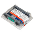 Clear plastic packaging contains an Evolis High Trust printer ribbon, specifically the Evolis RCT217NAAA Metallic Silver Monochrome Ribbon. Featuring black spools and a blue section, it is labeled for use with the Primacy2 ID card printer. Ideal for high-quality prints, this ribbon ensures reliability and efficiency, capable of producing 1000 prints.
