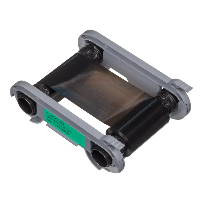 A black monochrome ribbon cartridge for Evolis Primacy 2 ID card printer, showing the ribbon frame and the black ink ribbon. Sold by Specialist ID, an authorized Evolis dealer.