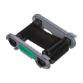 Angled view of Evolis RCT223NAAA black monochrome ribbon cartridge with visible spools, black film, and green label showing part number and yield. Sold by Specialist ID, an authorized Evolis dealer.