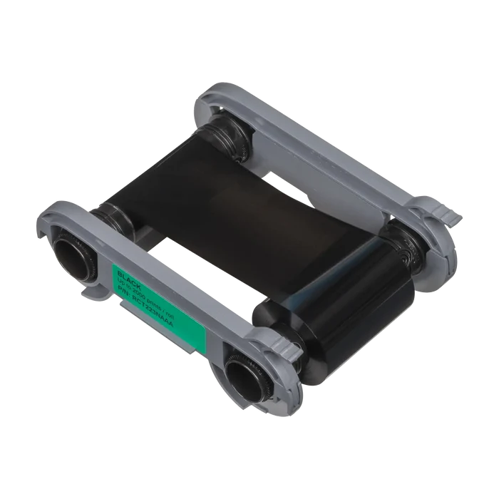 Angled view of Evolis RCT223NAAA black monochrome ribbon cartridge with visible spools, black film, and green label showing part number and yield. Sold by Specialist ID, an authorized Evolis dealer.