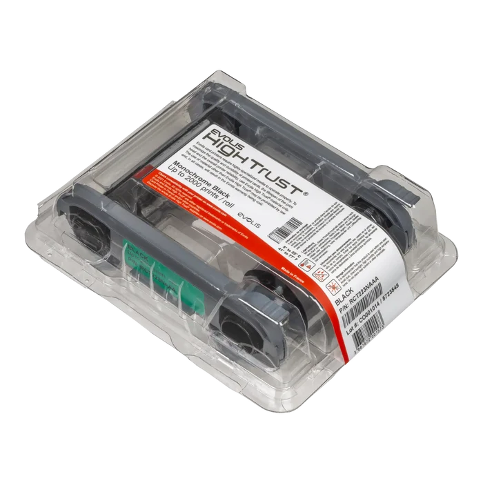 Evolis RCT223NAAA HighTrust Black Monochrome Ribbon for the Zenius 2 and Primacy 2, 2000 prints per roll. Sold by Specialist ID.