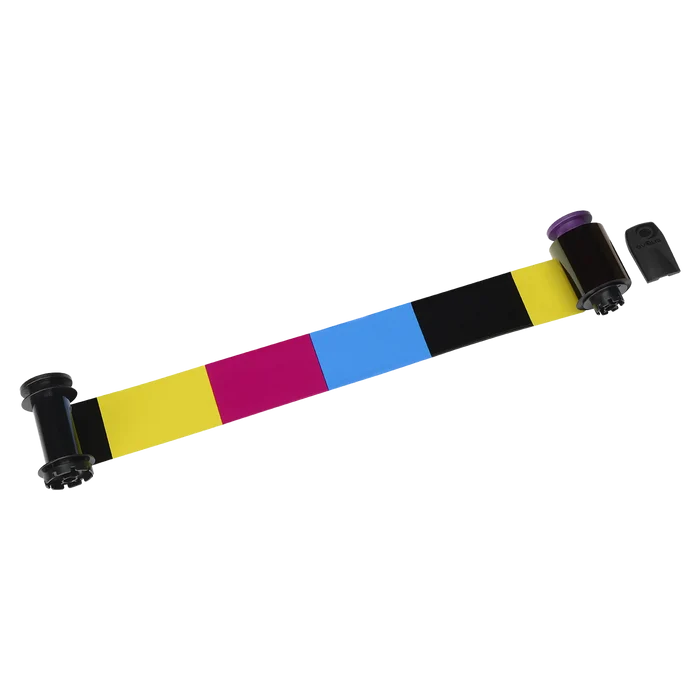 A printer ribbon cartridge with panels of yellow, magenta, cyan, and black, such as the Evolis RT4F010AAA YMCK Ribbon - 500 Prints for the Avansia Retransfer ID Card Printer, is essential for multi-color printing processes. Sold by Specialist ID, an authorized Evolis dealer.