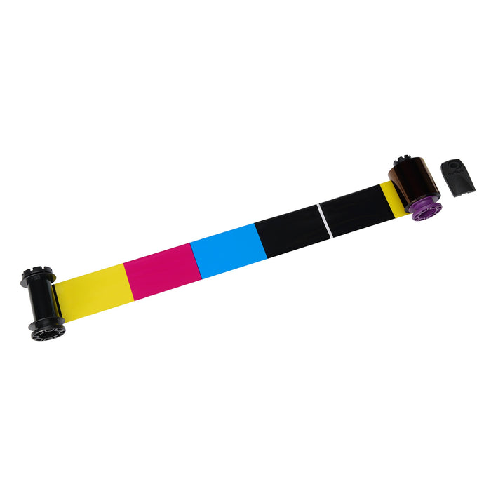 The Evolis RT5F011AAA HighTrust YMCKK Color Ribbon for the Avansia (400 prints) features yellow, magenta, cyan, and black panels wound between two black spools, with a small black cap included.