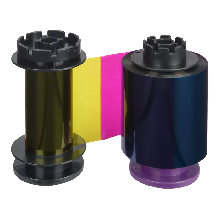 The Evolis RT5F013NAA HighTrust YMCKH color ribbon for Avansia retransfer ID card printers delivers 400 prints and includes yellow, magenta, cyan, black, and heat seal films wound between two black plastic spools.