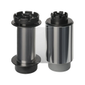 Two cylindrical rolls of film, one with a black and clear body and the other with a shiny silver body, both featuring black end caps, ideal for use with the Evolis RTCL009NAA Clear Transfer Ribbon - 500 Prints, compatible with Avansia Retransfer ID Card Printers.  Sold by Specialist ID, an authorized Evolis dealer.