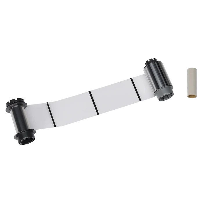 The Evolis RTCL009NAA Clear Transfer Ribbon, compatible with Avansia Retransfer ID Card Printers, offers 500 prints and features black markings on a white background, equipped with two cylindrical spools and a separate cylindrical core—ideal for high-quality card printing. Sold by Specialist ID, an authorized Evolis dealer.