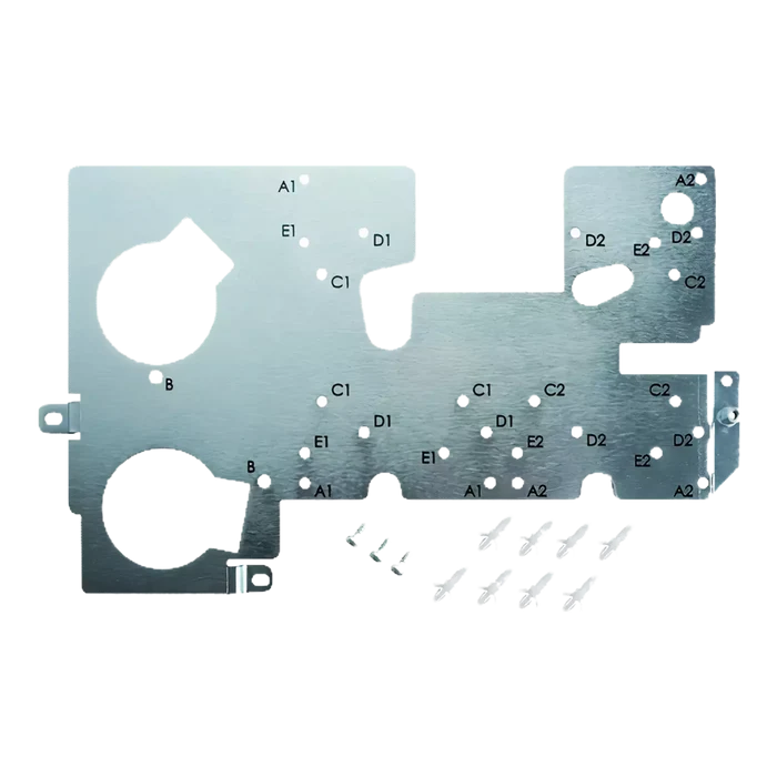 The Evolis S10112 Encoder's Mounting Plate Kit includes a metal mounting plate with labeled cutouts and small holes, screws, white plastic components, and options for Evolis Encoder integration.