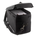 The Dedicated Travel Bag for Zenius, Primacy, and Elypso Printers is a sleek black carrying case with an ergonomic strap that comfortably opens to house a compact Evolis ID card printer—ideal for busy professionals.