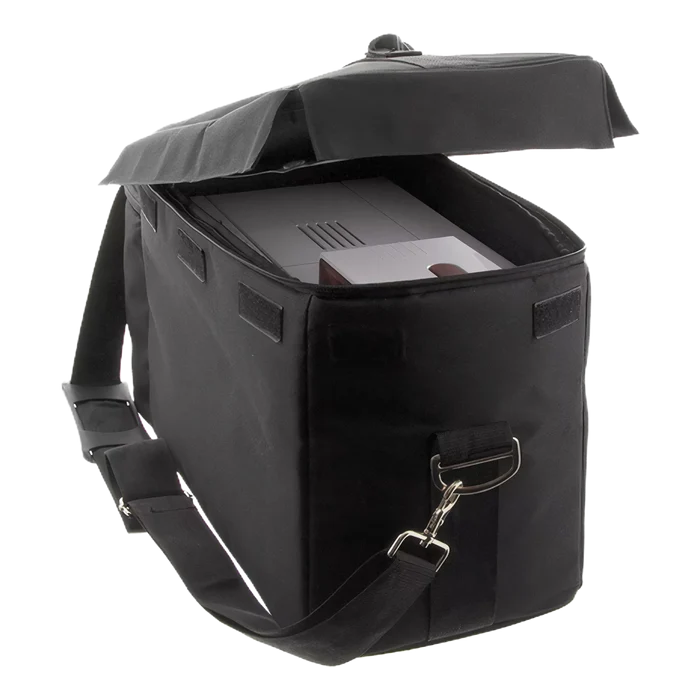 The Dedicated Travel Bag for Zenius, Primacy, and Elypso Printers is a sleek black carrying case with an ergonomic strap that comfortably opens to house a compact Evolis ID card printer—ideal for busy professionals.