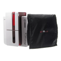 An Evolis S10152 Dedicated Dust Cover for Primacy Printers, made of anti-static fabric and featuring the Evolis logo, is placed next to a white Evolis Primacy ID card printer.