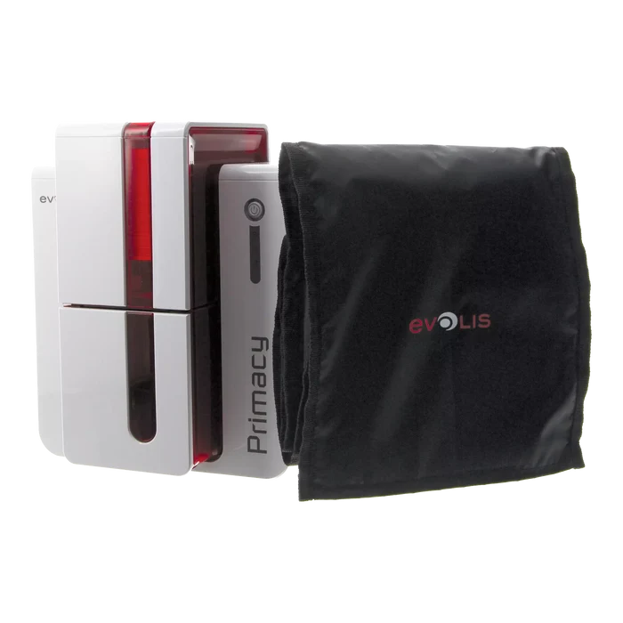 An Evolis S10152 Dedicated Dust Cover for Primacy Printers, made of anti-static fabric and featuring the Evolis logo, is placed next to a white Evolis Primacy ID card printer.