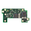 Close-up of a green circuit board with various electronic components, including resistors, chips, and connectors alongside the Evolis S10176 2 SAM slots Extension Board kit for Elyctis Dual Encoding Module essential for optimizing ID card printer performance. Sold by Specialist ID, an authorized Evolis dealer.