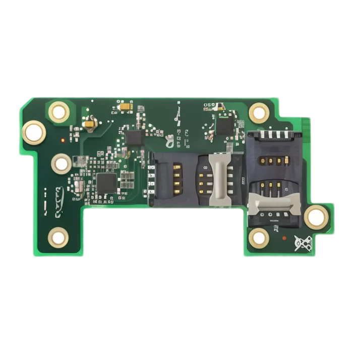 Close-up of a green circuit board with various electronic components, including resistors, chips, and connectors alongside the Evolis S10176 2 SAM slots Extension Board kit for Elyctis Dual Encoding Module essential for optimizing ID card printer performance. Sold by Specialist ID, an authorized Evolis dealer.