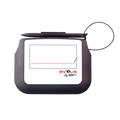 A black and white electronic signature pad with a stylus attached, labeled "Evolis Sig100 Lite Signature Capture Pad ST-LTE105-2-UEVL," offers precise signature capture and advanced security measures.