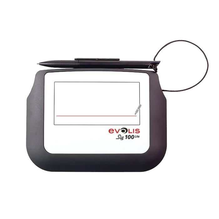 A black and white electronic signature pad with a stylus attached, labeled "Evolis Sig100 Lite Signature Capture Pad ST-LTE105-2-UEVL," offers precise signature capture and advanced security measures.