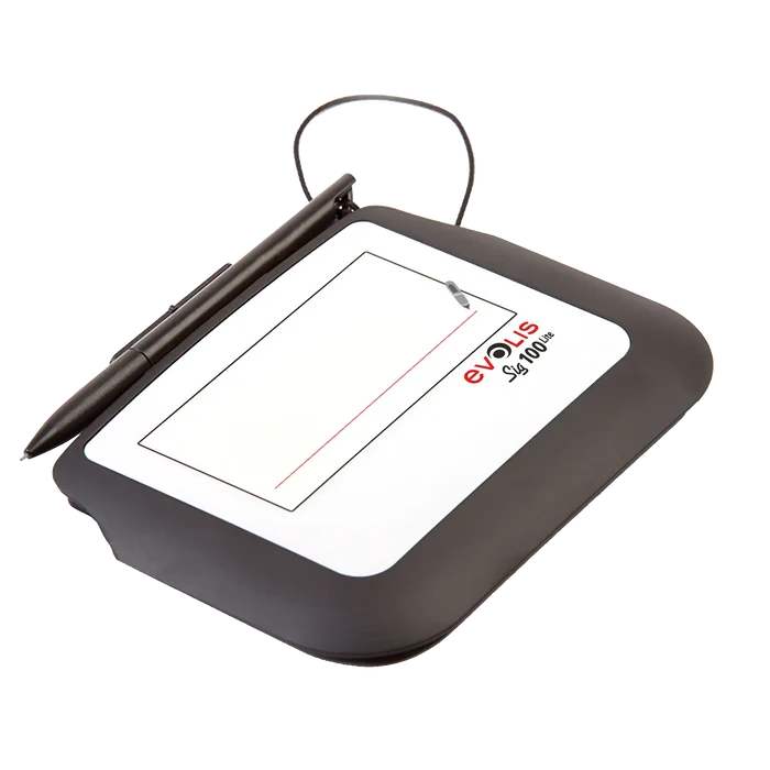 A black Evolis Sig100 Lite Signature Capture Pad ST-LTE105-2-UEVL with a stylus attached by a cable, featuring a white screen area for signing and precise signature capture.