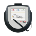 A digital signature pad with a stylus is shown. The screen displays a signature and buttons for accepting, rejecting, and resetting the signature. Labeled "Evolis Sig200 Signature Capture Pad ST-CE1075-2-UEVL," this ergonomic signature solution offers efficient and precise signing capabilities.