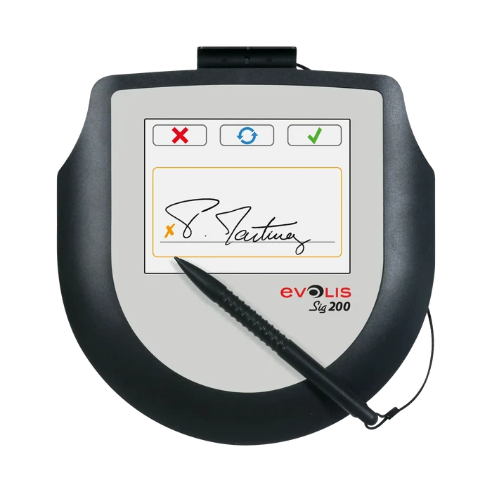 A digital signature pad with a stylus is shown. The screen displays a signature and buttons for accepting, rejecting, and resetting the signature. Labeled "Evolis Sig200 Signature Capture Pad ST-CE1075-2-UEVL," this ergonomic signature solution offers efficient and precise signing capabilities.