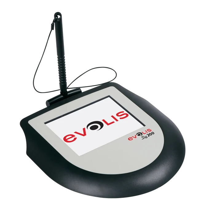 This image shows an Evolis Sig200 Signature Capture Pad ST-CE1075-2-UEVL, an ergonomic signature solution featuring an attached stylus and a screen displaying the Evolis logo.