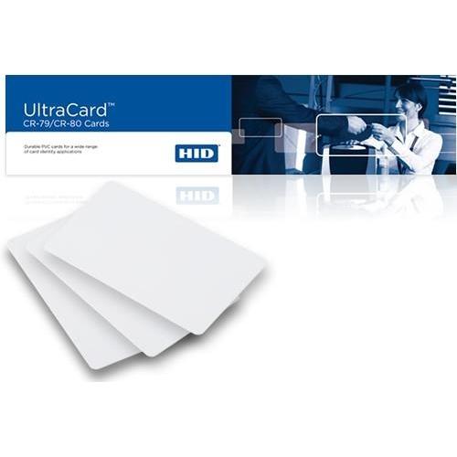 A package labeled "UltraCard CR-79/CR-80 Cards" featuring three blank white PVC cards in the foreground and an image of people exchanging FARGO 82266 CR-80, 10mil Blank White PVC Cards with Paper Adhesive Back in the background.