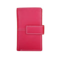 A bright pink leather wallet with white contrast stitching and a strap closure, shown on a plain white background.