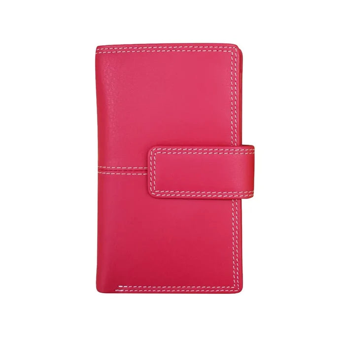 A bright pink leather wallet with white contrast stitching and a strap closure, shown on a plain white background.
