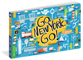 A blue board book cover filled with colorful drawings of iconic New York City buildings, landmarks, food stands, and transportation like subways and taxis. The bold title “Go, New York, Go!” appears in black letters with a white outline inside a bright yellow dialogue bubble, giving the cover a lively, playful feel.