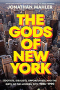 Book title: The Gods of New York. The cover features the bright yellow title set over a photograph of New York City buildings.