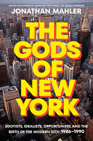 Book title: The Gods of New York. The cover features the bright yellow title set over a photograph of New York City buildings.